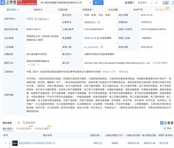 老品牌速配 四川星际荣耀航天智能制造公司增资至5亿